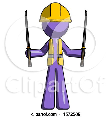 Purple Construction Worker Contractor Man Posing with Two Ninja Sword Katanas up by Leo Blanchette