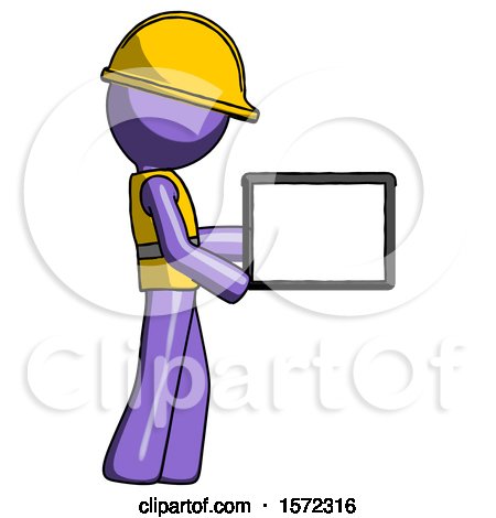 Purple Construction Worker Contractor Man Show Tablet Device Computer to Viewer, Blank Area by Leo Blanchette