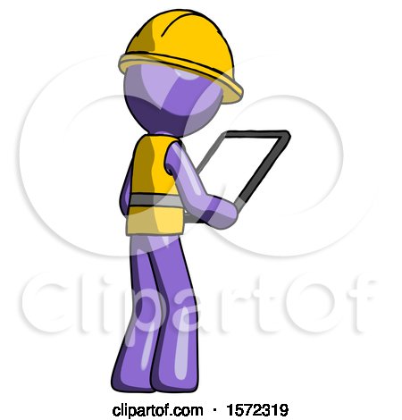 Purple Construction Worker Contractor Man Looking at Tablet Device Computer Facing Away by Leo Blanchette