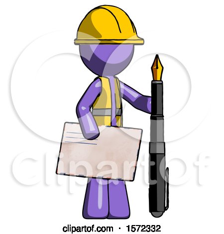 Purple Construction Worker Contractor Man Holding Large Envelope and Calligraphy Pen by Leo Blanchette