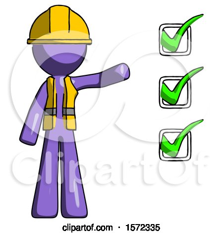 Purple Construction Worker Contractor Man Standing by List of Checkmarks by Leo Blanchette
