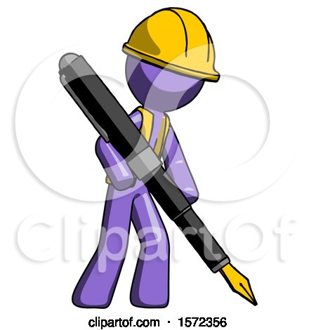Purple Construction Worker Contractor Man Drawing or Writing with Large Calligraphy Pen by Leo Blanchette