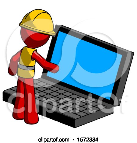 Red Construction Worker Contractor Man Using Large Laptop Computer by Leo Blanchette