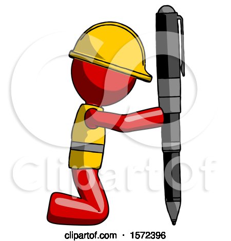 Red Construction Worker Contractor Man Posing with Giant Pen in Powerful yet Awkward Manner. by Leo Blanchette