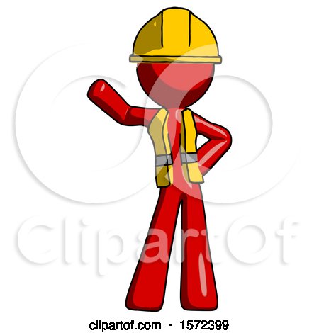 Red Construction Worker Contractor Man Waving Right Arm with Hand on Hip by Leo Blanchette