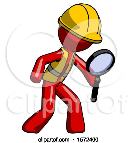 Red Construction Worker Contractor Man Inspecting with Large Magnifying Glass Right by Leo Blanchette