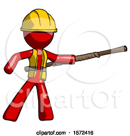 Red Construction Worker Contractor Man Bo Staff Pointing Right Kung Fu Pose by Leo Blanchette