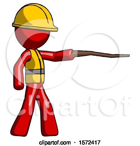 Red Construction Worker Contractor Man Pointing with Hiking Stick by Leo Blanchette