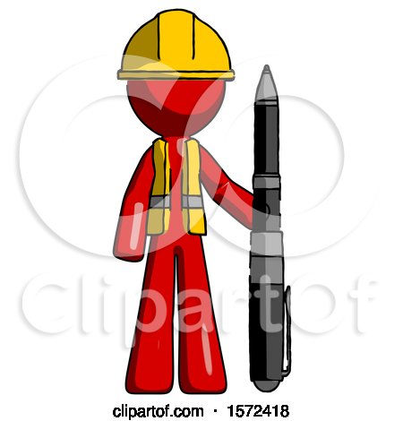 Red Construction Worker Contractor Man Holding Large Pen by Leo Blanchette