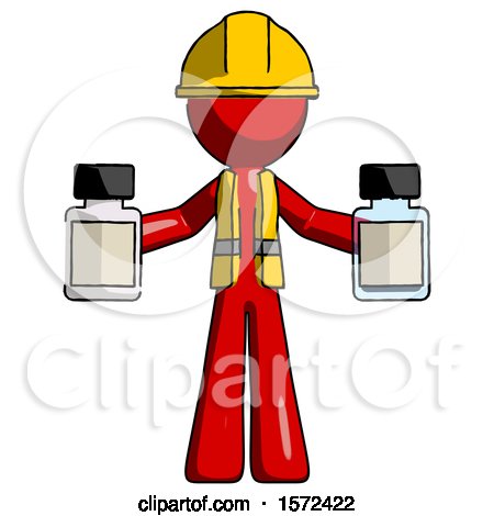 Red Construction Worker Contractor Man Holding Two Medicine Bottles by Leo Blanchette