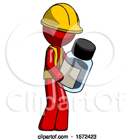 Red Construction Worker Contractor Man Holding Glass Medicine Bottle by Leo Blanchette
