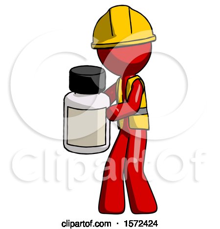 Red Construction Worker Contractor Man Holding White Medicine Bottle by Leo Blanchette