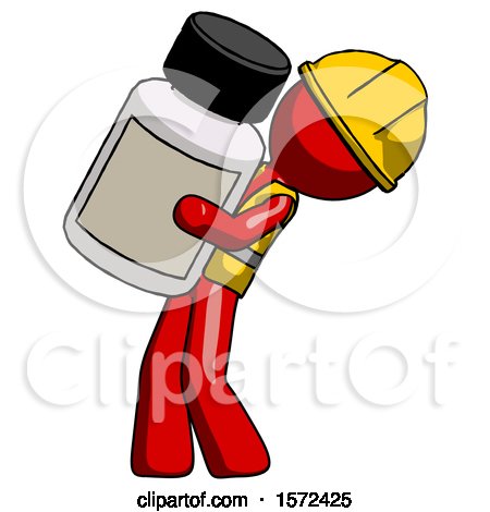 Red Construction Worker Contractor Man Holding Large White Medicine Bottle by Leo Blanchette