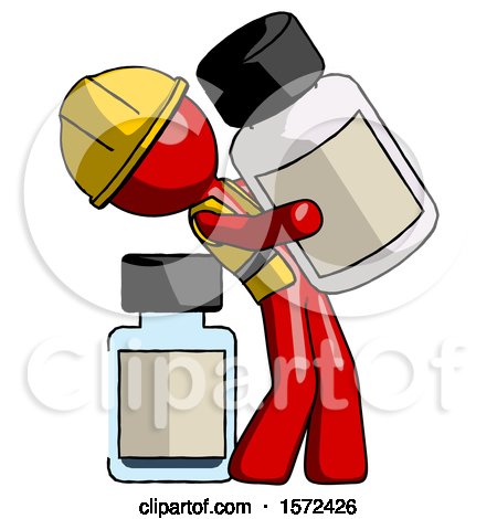 Red Construction Worker Contractor Man Holding Large White Medicine Bottle with Bottle in Background by Leo Blanchette