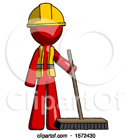 Red Construction Worker Contractor Man Standing with Industrial Broom by Leo Blanchette