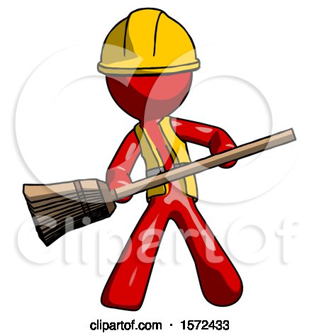 Red Construction Worker Contractor Man Broom Fighter Defense Pose by Leo Blanchette