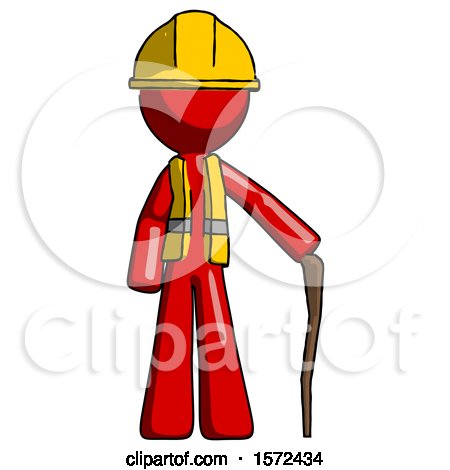 Red Construction Worker Contractor Man Standing with Hiking Stick by Leo Blanchette