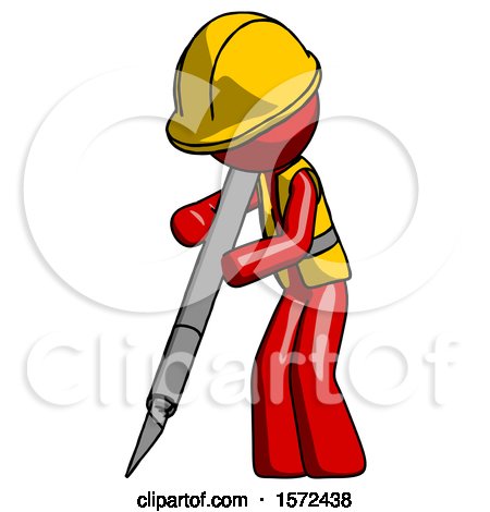 Red Construction Worker Contractor Man Cutting with Large Scalpel by Leo Blanchette