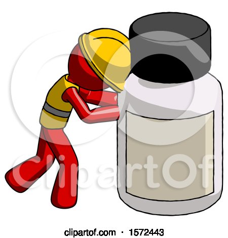 Red Construction Worker Contractor Man Pushing Large Medicine Bottle by Leo Blanchette