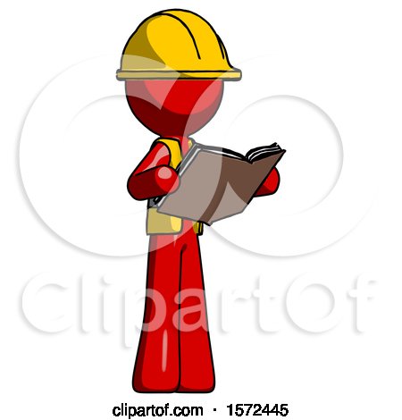 Red Construction Worker Contractor Man Reading Book While Standing up Facing Away by Leo Blanchette
