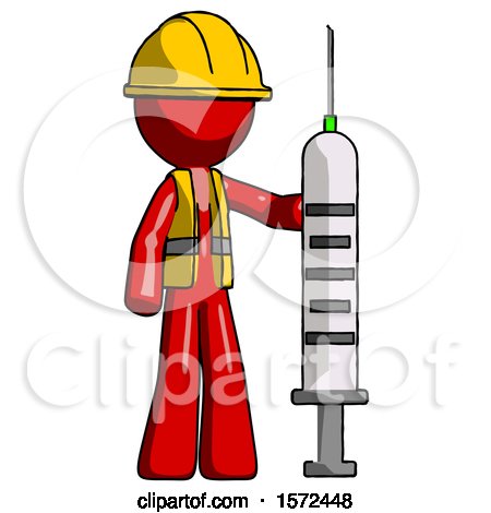 Red Construction Worker Contractor Man Holding Large Syringe by Leo Blanchette