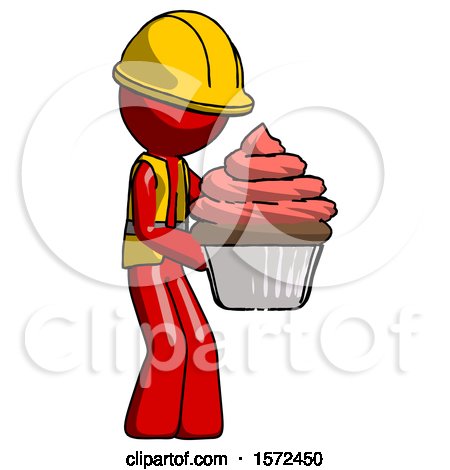 Red Construction Worker Contractor Man Holding Large Cupcake Ready to Eat or Serve by Leo Blanchette