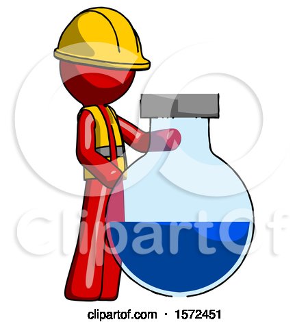 Red Construction Worker Contractor Man Standing Beside Large Round Flask or Beaker by Leo Blanchette