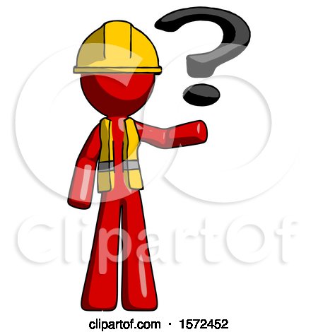 Red Construction Worker Contractor Man Holding Question Mark to Right by Leo Blanchette