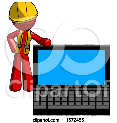 Red Construction Worker Contractor Man Beside Large Laptop Computer, Leaning Against It by Leo Blanchette