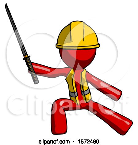 Red Construction Worker Contractor Man with Ninja Sword Katana in Defense Pose by Leo Blanchette
