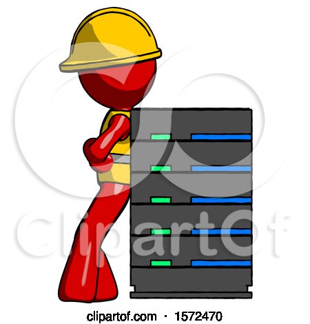 Red Construction Worker Contractor Man Resting Against Server Rack by Leo Blanchette