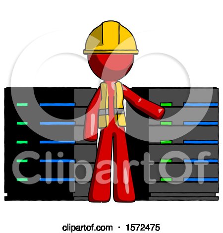 Red Construction Worker Contractor Man with Server Racks, in Front of Two Networked Systems by Leo Blanchette
