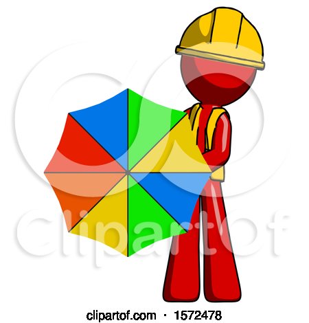 Red Construction Worker Contractor Man Holding Rainbow Umbrella out to Viewer by Leo Blanchette