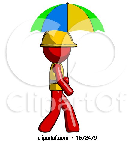 Red Construction Worker Contractor Man Walking with Colored Umbrella by Leo Blanchette