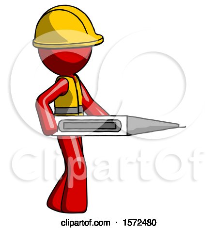 Red Construction Worker Contractor Man Walking with Large Thermometer by Leo Blanchette