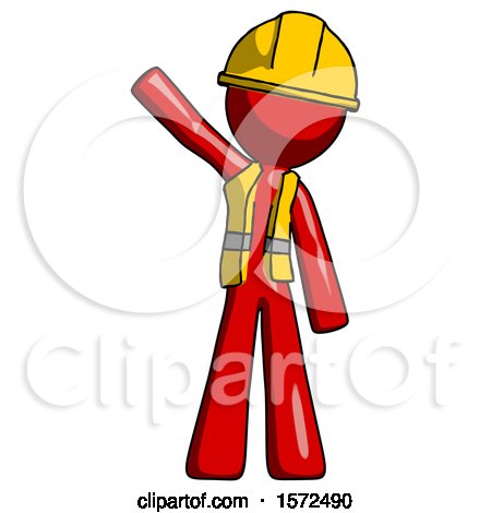 Red Construction Worker Contractor Man Waving Emphatically with Right Arm by Leo Blanchette