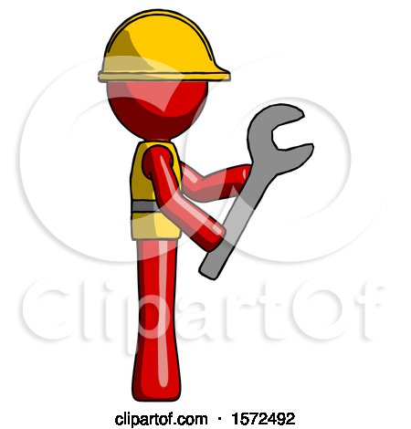 Red Construction Worker Contractor Man Using Wrench Adjusting Something to Right by Leo Blanchette