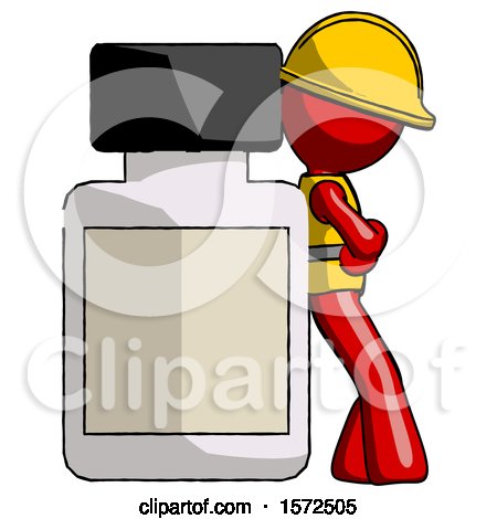 Red Construction Worker Contractor Man Leaning Against Large Medicine Bottle by Leo Blanchette