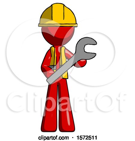 Red Construction Worker Contractor Man Holding Large Wrench with Both Hands by Leo Blanchette