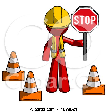 Red Construction Worker Contractor Man Holding Stop Sign by Traffic Cones Under Construction Concept by Leo Blanchette