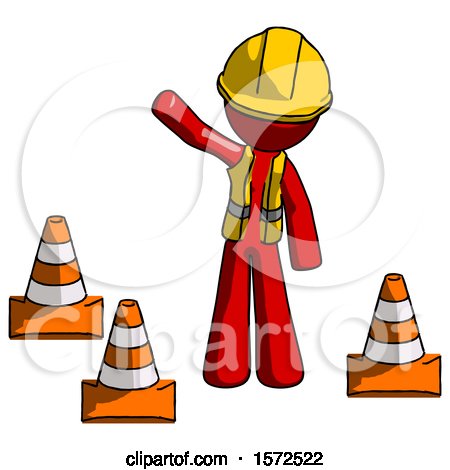 Red Construction Worker Contractor Man Standing by Traffic Cones Waving by Leo Blanchette
