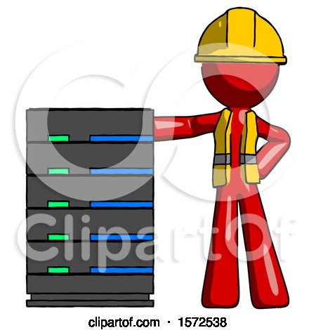 Red Construction Worker Contractor Man with Server Rack Leaning Confidently Against It by Leo Blanchette