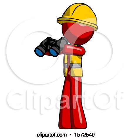 Red Construction Worker Contractor Man Holding Binoculars Ready to Look Left by Leo Blanchette