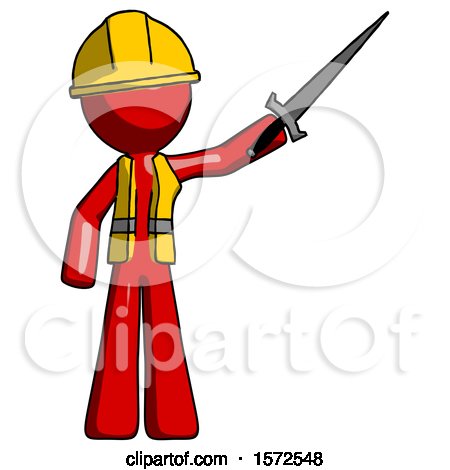 Red Construction Worker Contractor Man Holding Sword in the Air Victoriously by Leo Blanchette