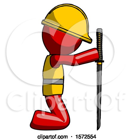 Red Construction Worker Contractor Man Kneeling with Ninja Sword Katana Showing Respect by Leo Blanchette