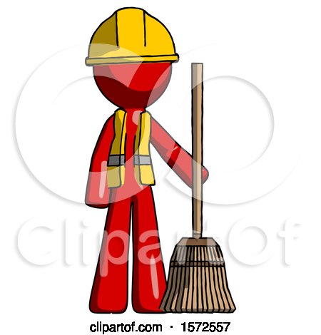 Red Construction Worker Contractor Man Standing with Broom Cleaning Services by Leo Blanchette