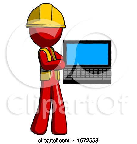 Red Construction Worker Contractor Man Holding Laptop Computer Presenting Something on Screen by Leo Blanchette