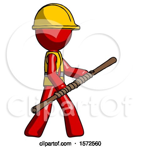 Red Construction Worker Contractor Man Holding Bo Staff in Sideways Defense Pose by Leo Blanchette