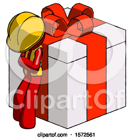 Red Construction Worker Contractor Man Leaning on Gift with Red Bow Angle View by Leo Blanchette