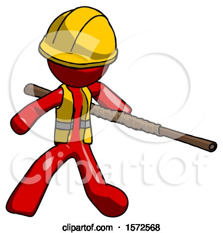 Red Construction Worker Contractor Man Bo Staff Action Hero Kung Fu Pose by Leo Blanchette